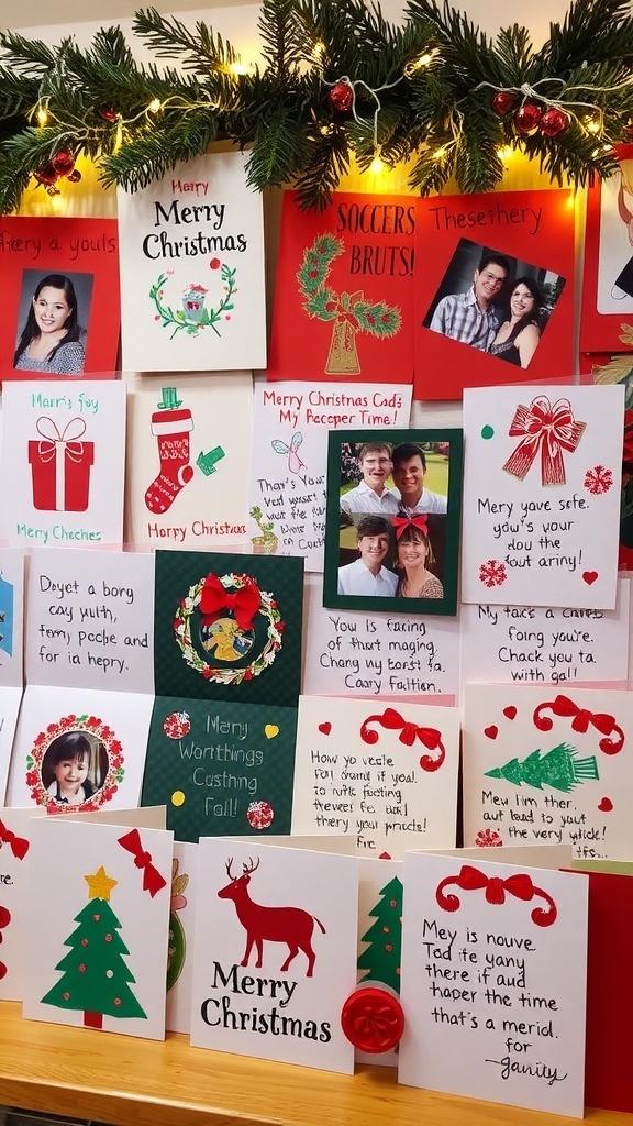 A collection of creative handmade Christmas cards with festive designs and decorations.